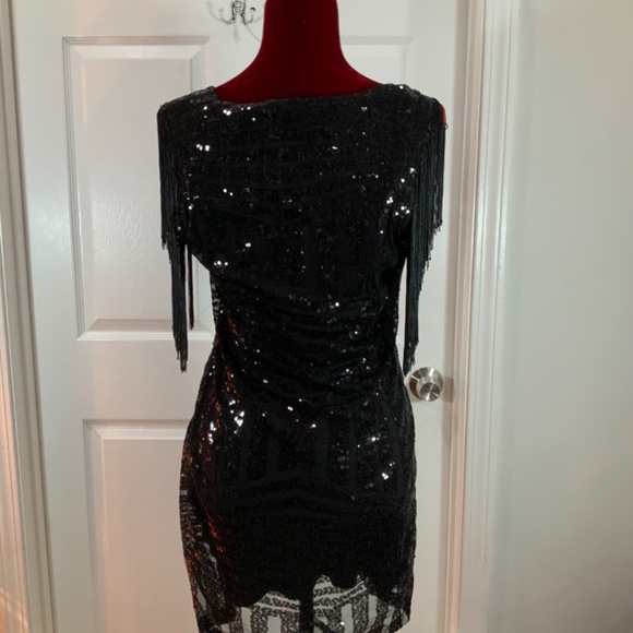 Capuffy Sequin Black Fringe Party Bodycon Mini Dress Size Large - Picture 7 of 10